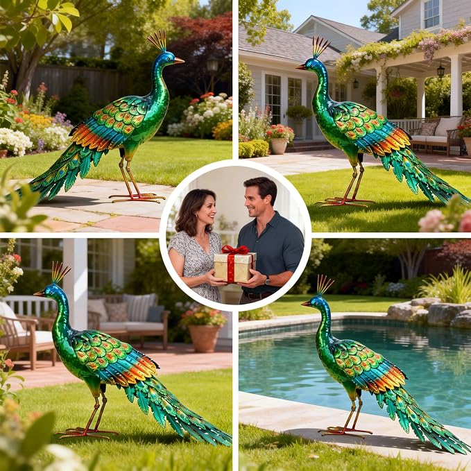chisheen Metal Peacock Statue Garden Decor Yard Art Sculpture Gift for Women(Green)