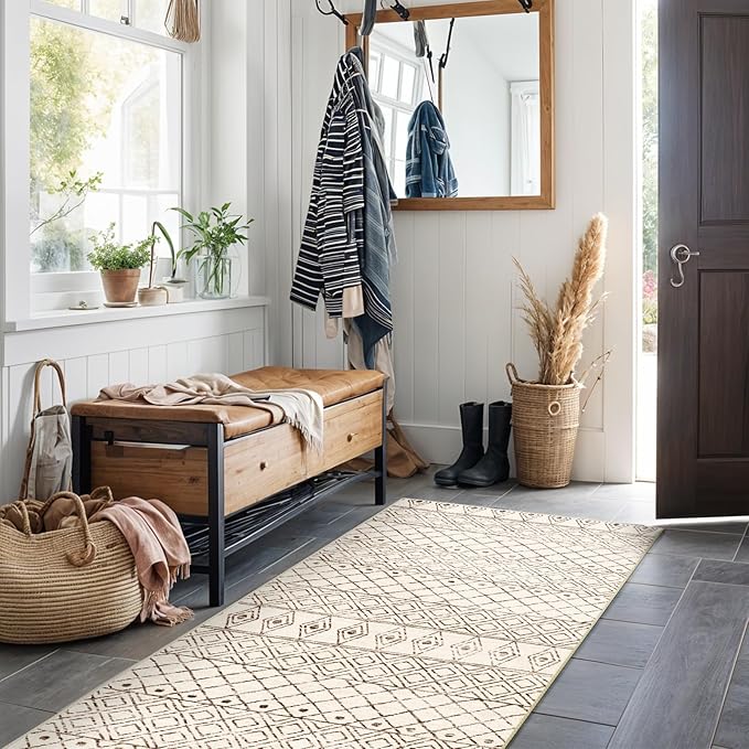 2'x6' Hallway Runner Rug Washable: Non Slip Moroccan Runners Beige | Geometric Low Pile Floor Carpet with Rubber Backing Farmhouse Kitchen Mat Indoor Rugs for Front Door Living Room