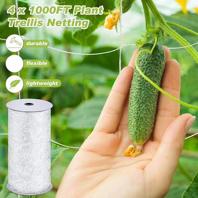 Berlune 4 x 1000 ft Trellis Netting Roll Heavy Duty Nylon Garden Trellis Netting with 6 Inch Mesh Soft Plant Support Net for Climbing Plants, Grape Racks, Growing Support Bean, Pea, Tomatoes