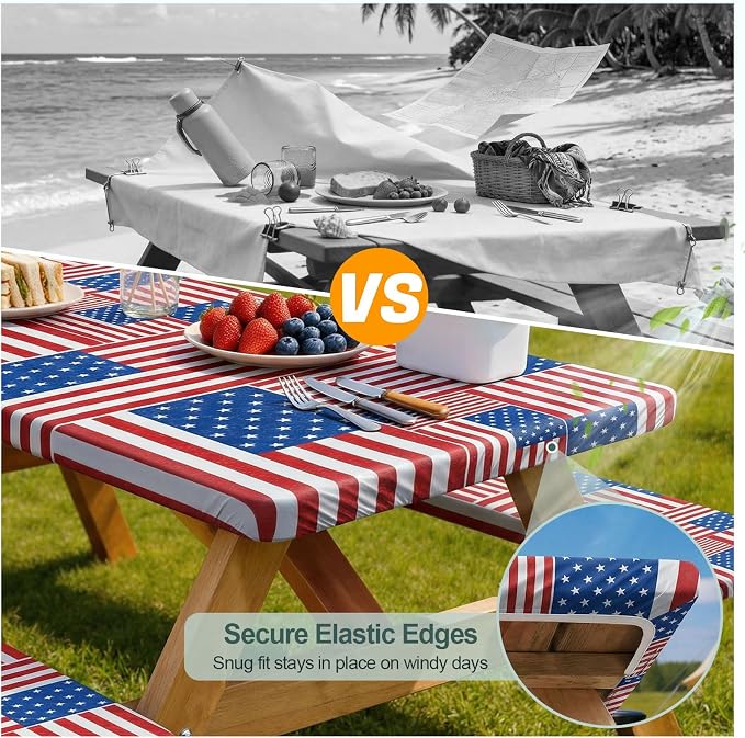 Picnic Table Cover with Bench Covers Camping Essentials Waterproof Windproof Camping Tablecloth with Drawstring Bag, Fitted Rectangle Tables and Seats, 96in, Red Blue White
