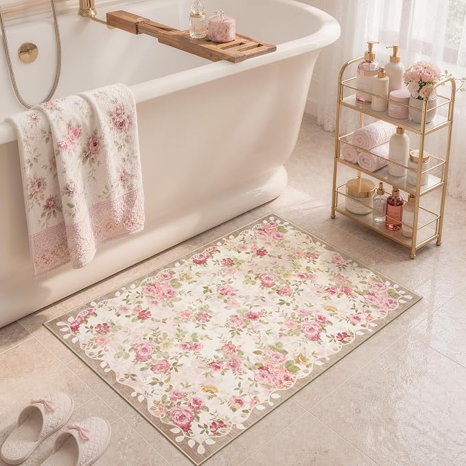 Lahome Pink Floral Bathroom Rug 2x3, Low Pile Ultra-Thin Bath Mat | Pet Friendly, Easy To Clean Non Slip Carpet For Bathroom Vanity, Bedside And Cottage Decor