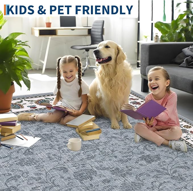 Garvee Area Rugs 9x12 Living Room Washable Rug Vintage Floral Rugs | Grey Boho Border Area Rug Stain Resistant Easy Cleaning Throw Rugs Low Pile Floor Cover for Nursery Dining Room Apartment