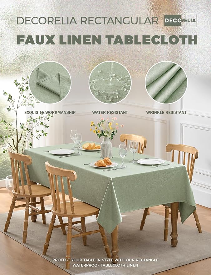 Decorelia Faux Linen Farmhouse Table Cloth 60"x84" for Rectangle Table, Sage Green Waterproof Outdoor Washable Cloth Tablecloth for Rectangular Dining Room Kitchen Outdoor Party Restaurant Decor
