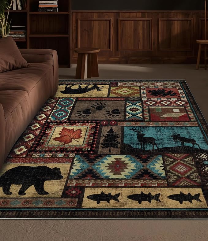 YIHOUSE Rustic Cabin Area Rug 4x6,Machine Washable Lodge Bear Rug,Non-Slip Low Pile Print Pattern Western Rug for Living Room Bedroom