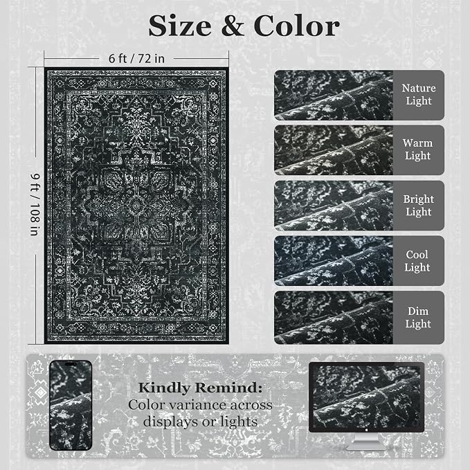 Distressed Black Rugs for Living Room 6x9, Low Pile Thin Area Rugs for Bedroom Manchine Washable Non Slip, Dark Medallion Pinted Carpet for Dining Room Guest Room Home Office