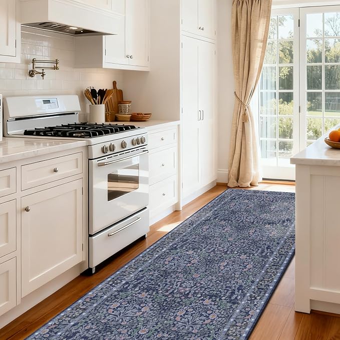 Washable 2' x 6' Runners for Hallways, Non Slip Long Floor Runner for Kitchen, Entryway Indoor, Stain Resistant Rubber Backing Floral Decor Rug (Blue)