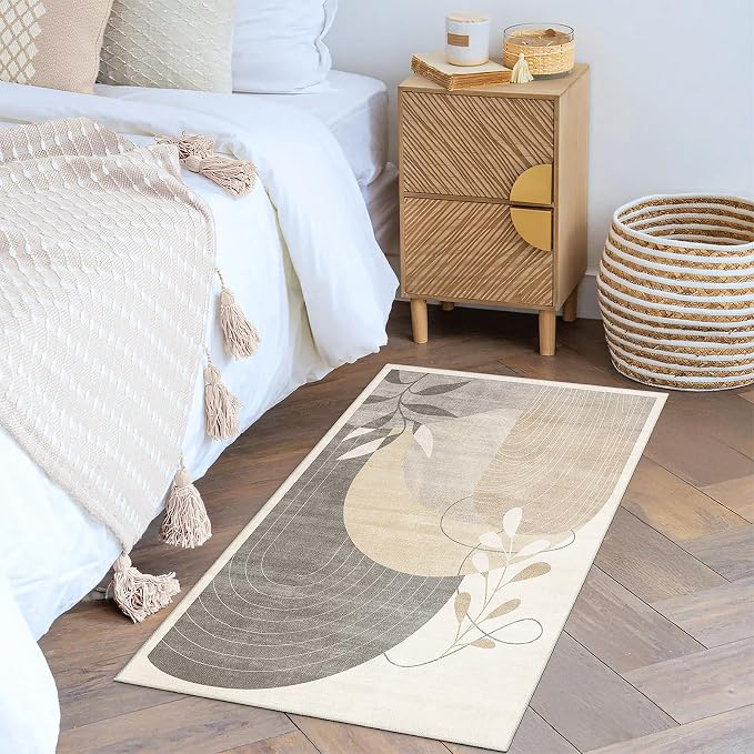 2x3 Washable Rug Small Area Rugs Non Slip Mid Century Modern | Throw Carpet for Bathroom Entryway Kitchen Bedroom Floor Indoor Boho Abstract Retro Geometric Neutral Beige