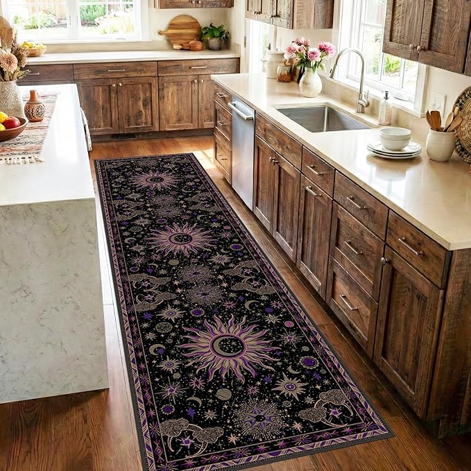 Vacuum-Friendly, 2x8 Washable Area Rug, Black Purple Beige | Sun and Moon Boho Gothic Non-Slip Low Pile Living Roon Bedroom Dining Room Kitchen Entry Entryway Entrance Hallway Doormat