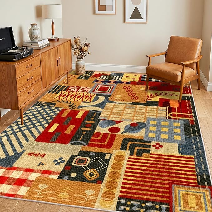 Washable 5x7 Colorful Abstract Rug, Boho Patchwork Rugs for Living Room | Multi Color Non Slip Indoor Carpet| Vintage Rustic Rug for Dining Room Bedroom Office Entryway Decor| Southwestern Rustic Rug