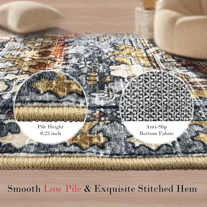 Washable Area Rugs - Perfect for Living Room, Bedroom, Kids Room, Nursery - Stain & Water Resistant Non-Slip, Pet & Child Friendly, Vintage Tribal Area Rugs (Turmeric and Grey, 2'6'' x 8')