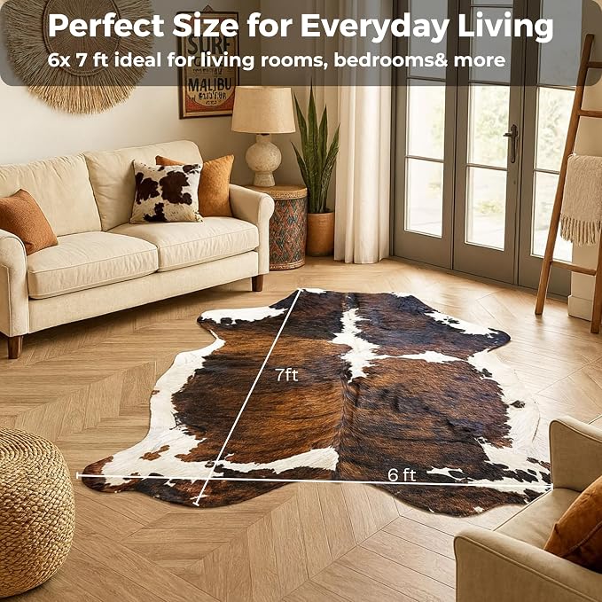 Genuine Tricolor Cowhide Rug Large 8x10 Area Fit (Rug Approx 6x7 ft)– Vibrant One-of-a-Kind Hide, Eco-Friendly, Safe for Kids & Pets, Easy to Clean Perfect for Living Rooms Western Rustic Home Décor