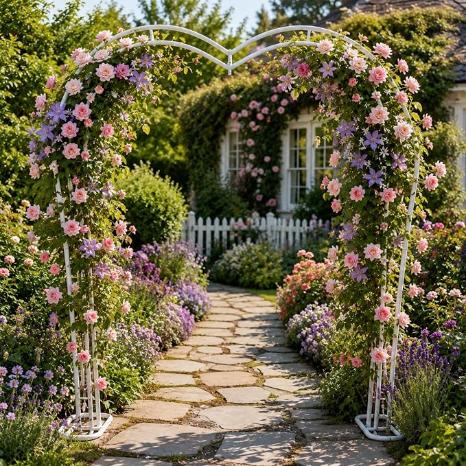 Metal Garden Arch, 98.5" W x 90.5" H Heavy Duty Metal Garden Arch Trellis for Climbing Plants (White, Heart)