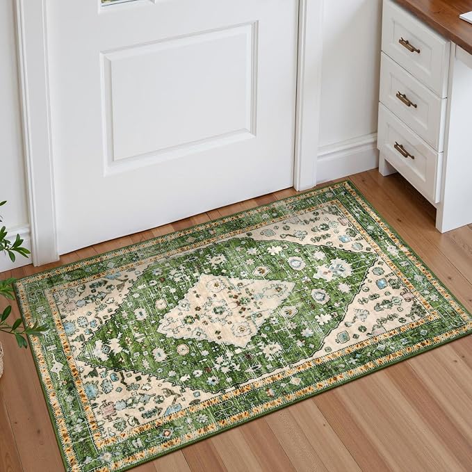Lahome Felice Boho Tribal Area Rug, 2x3 Small Green Rug for Entryway, Soft Non Slip Washable Bathroom Mat Bohemian Low Pile Indoor Floor Door Carpet for Entryway Chair Bedroom Living Room, Green