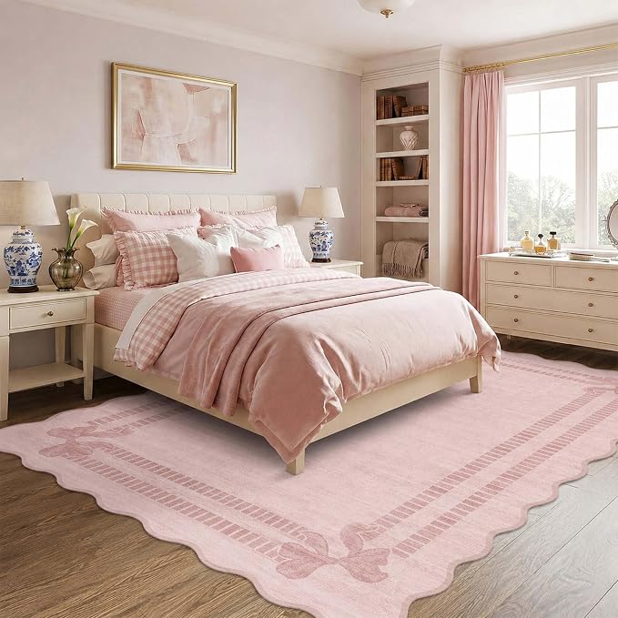 Latte&Fog 8x10 Area Rugs for Living Room Washeble Cute Scalloped Pink Rug | for Girls Bedroom Dining Kitchen Kids Playroom Nursery Classroom Dorm Farmhouse Office, Non Slip Low Pile Soft Floral Carpet