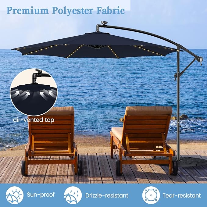 HAPPYGRILL 10FT Cantilever Patio Umbrella with Solar Lights, Outdoor Hanging Offset Umbrella with 112 LED Lights, Tilt Design, Crank Handle, Cross Base Stand for Garden Yard Deck