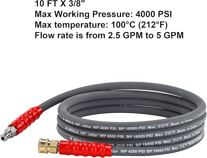 M MINGLE Pressure Washer Jumper Hose, 10 FT Whip Hose for Power Washer | 3/8 Inch Quick Connect, Hot & Cold Water Compatible, Connect Pump to Hose Reel