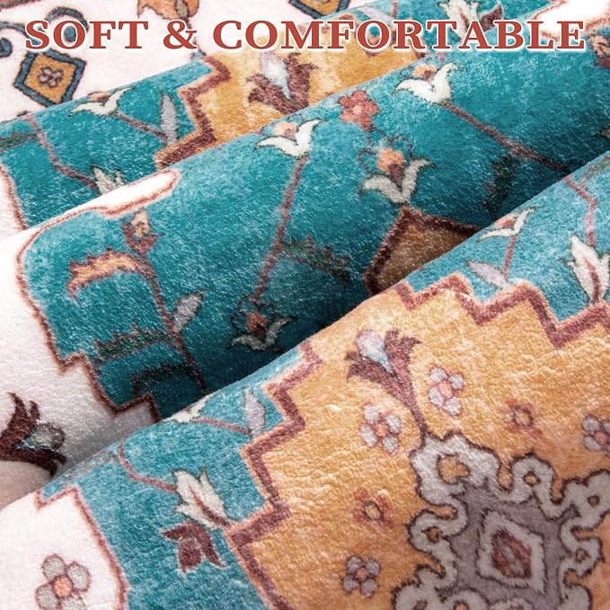 SERISSA 3x5 Washable Non Slip Boho Area Rug for Bedroom，Orange | Ultra Soft Vintage Oriental Carpet Low-Pile Distressed Tribal Throw Rug Carpet for Living Room Nursery Kitchen Dorm Decor