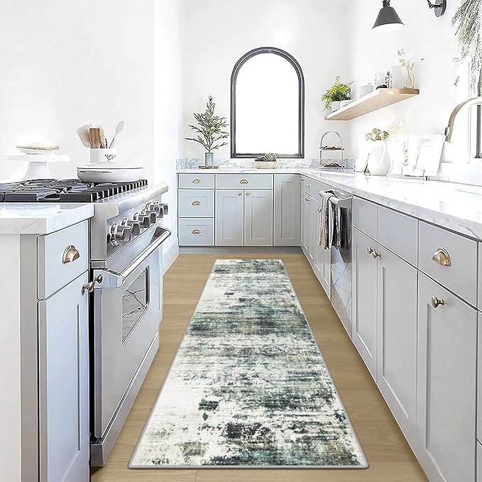 2'6''x8' Runner Rugs Washable Rug:Modern Abstract Hallway Teal Green Carpet | Non-slip TPE backing makes this washable soft low-pile rug safe & durable, Pet-friendly decor for dining room,nursery,office