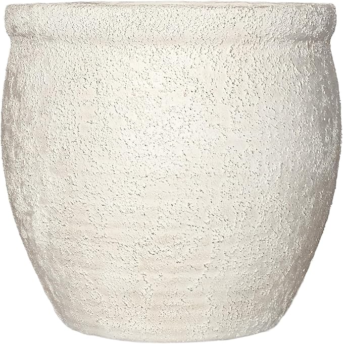 12" Dia Fiberstone Planter – Modern Farmhouse Indoor/Outdoor Flower Pot, Beige Container with Grainy Matte Texture & Built-in Drainage Hole | Decorative Pot for Patio, Porch, Garden