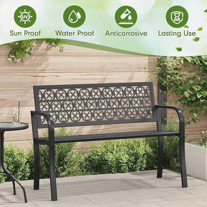 Outdoor Bench with Clover Back, Heavy-Duty Metal Frame Graden Bench, Weatherproof Patio Park Bench for Front Porch, Park, Yard, Patio