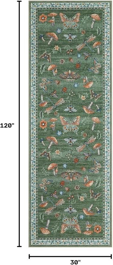 2.5x10 Runner Rug for Hallway Washable Kitchen Rugs Non Slip with Rubber Back Mushroom Soft Low-Pile Stain Resistant Foldable Indoor Carpet for Entryway Laundry Room Floor Mats Green