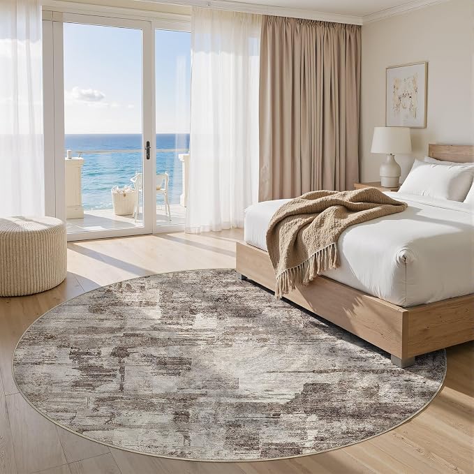 kakania Abstract 9x9 Round Rugs for Living Room: Circle Rugs 9FT Brown | Washable, Soft, Non-Slip, Low-Pile, Pet & Kid Friendly - Large Modern Home Decor Carpet for Bedroom/Dining Room/Nursery