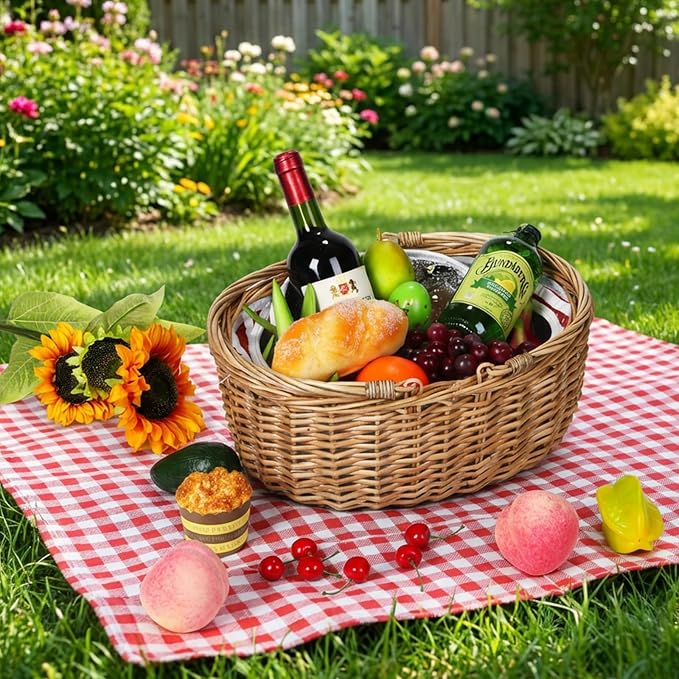 Wicker Picnic Basket with Insulated Lined Bag 15“ x 11” x 7“ Red, White Star Stripe Pattern, Iced Beer Insulated Bag for Camping, Picnics, Birthday Gifts, Wedding Gifts