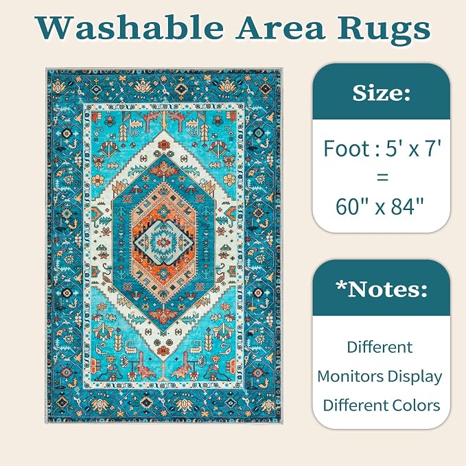 SERISSA 5x7 Washable Non Slip Boho Area Rug for Living Room，Blue | Ultra Soft Vintage Oriental Carpet Low-Pile Distressed Tribal Throw Carpet for Bedroom Dining Room Dorm Office Home Decor