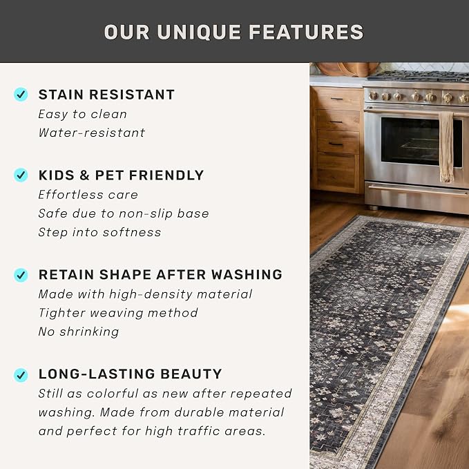 Black Boho Washable 2x6 Runner Rugs for Hallway Kitchen Bedroom Beside Laundry Room Bathroom Rug, Pet & Kids Friendly, Non Slip Low Pile Stain Resistant Soft Foldable Long 24 x 72 Floor Carpet