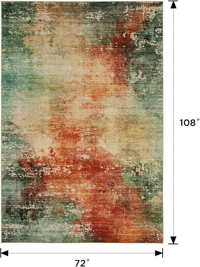 Joydeco 6x9 Area Rugs for Living Room, Non-Slip Modern Abstract Soft Washable Rug, Low Pile Carpet for Bedroom, Dining Room, Home Office, Pet & Child Friendly, Green & Orange & White