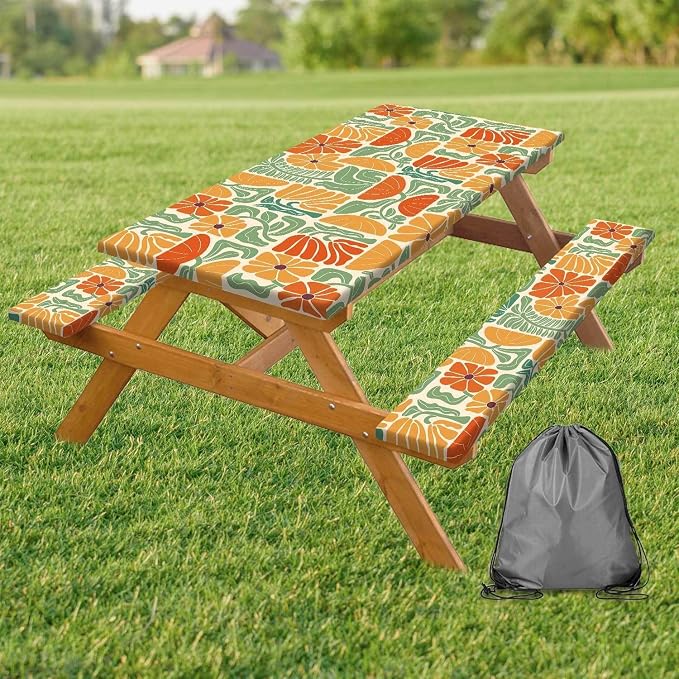 Picnic Table Covers with Bench Covers Boho Patchwork Orange Green Flower Pattern Camping Tablecloth Fitted Picnic Table Cover with Elastic Windproof Waterproof, Camping Accessories Outdoor, 60In 3PCS