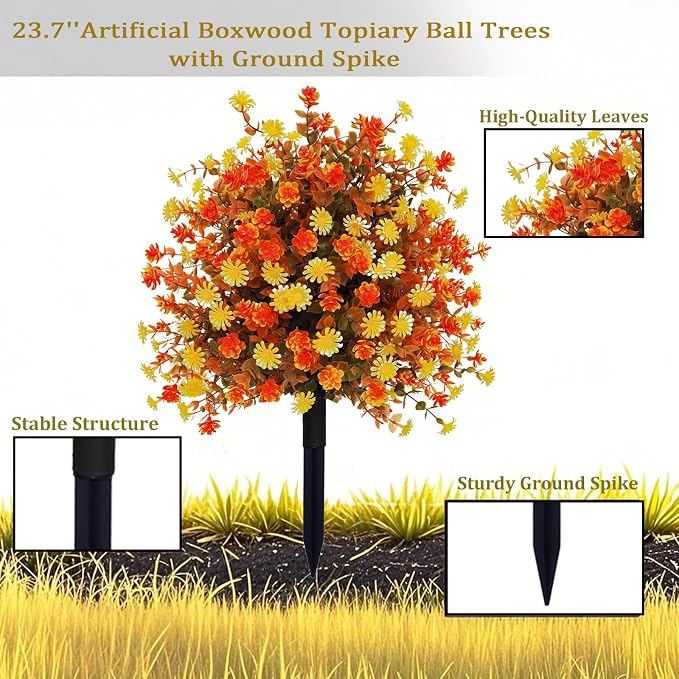 Spring Mums Flowers Artificial Topiary Ball Tree with Spike, Set of 2 Boxwood Ball Faux Shrubs Bushes with Orange Flowers,UV Resistant Fake Mums Plants for Front Porch Garden,23"