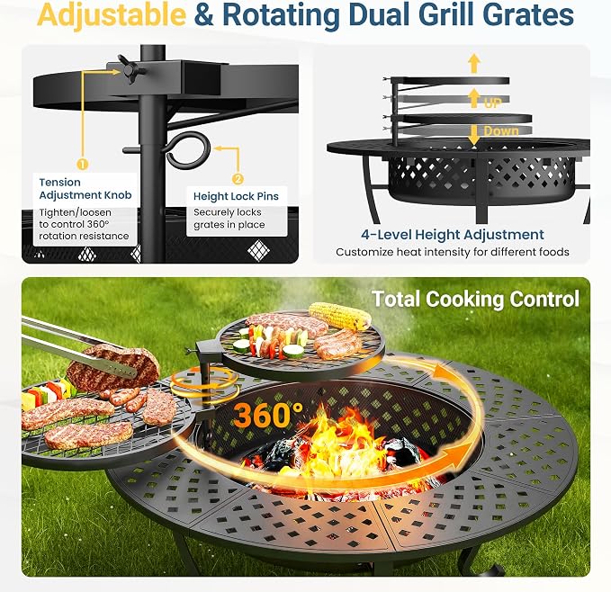 Wisteria Lane 3 in 1 48" Extra Large Fire Pit for Outside Wood Burning with 2 Adjustable Grills, Outdoor Fireplace with Lid and Fire Poker, BBQ & Bonfire & Round Metal Table for Patio, Backyard