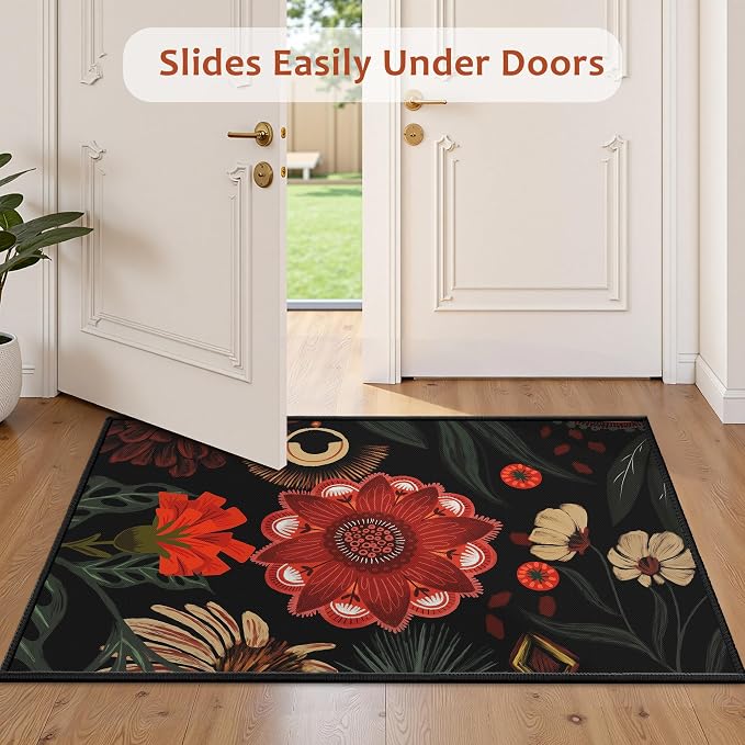 Tyrot Vintage Boho Floral Rug 2x3, Washable Colorful Area Rug, Ultra Thin Flat Woven Low Pile Non Slip Indoor Rug for Entryway, Kitchen, Bathroom, Bedroom, Black Red
