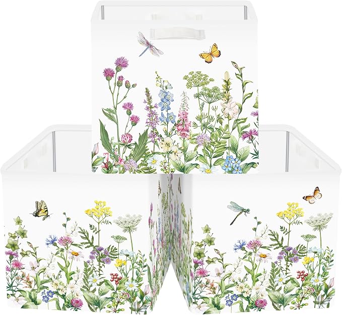 Clastyle Flowers Storage Cube Organizer Set Handle Closet Clothes Cube with Metal Frame Foldable Parents Organizer Storage Basket for Book Toy,Green,11.8x11.8x11.8 in