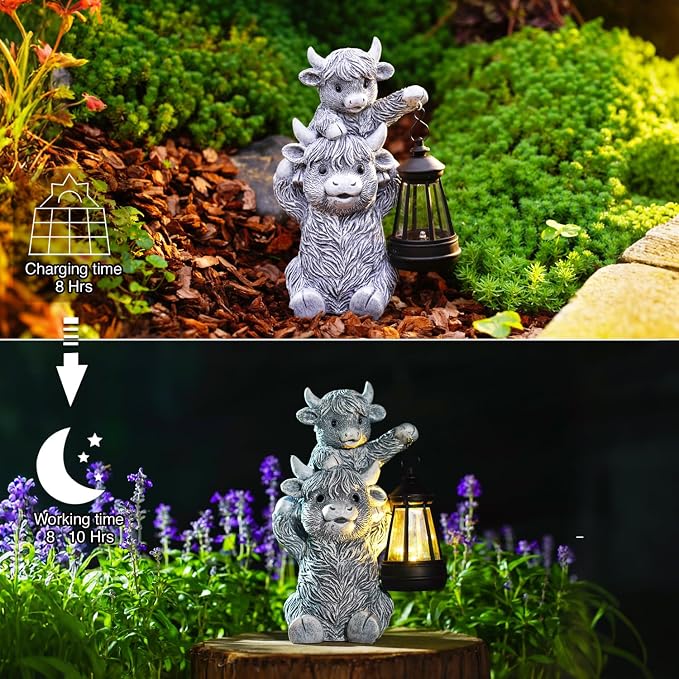 Highland Cow with Solar Lantern Garden Statue | 9.5 inch size, durable resin material, warm LED glow, unique gift for women & moms, perfect patio decor