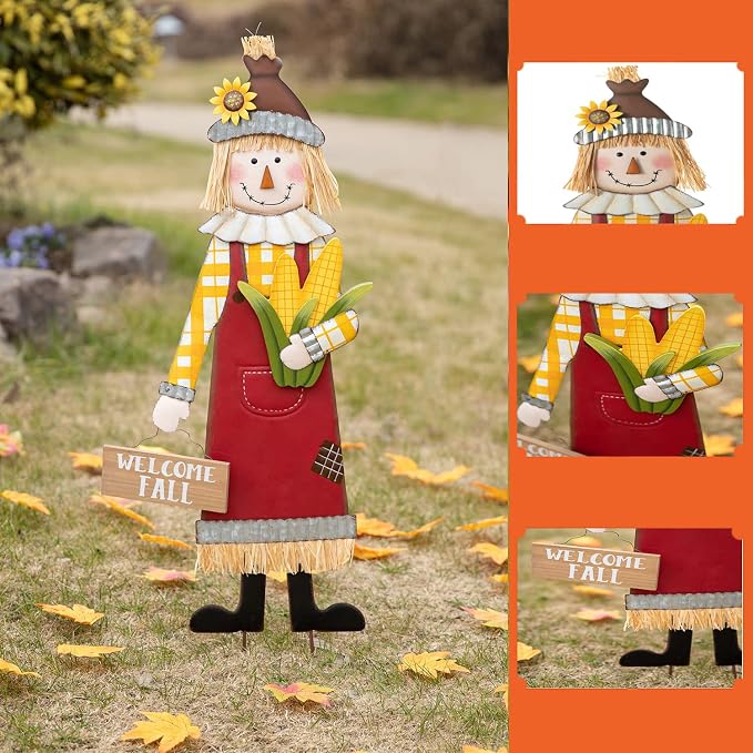 Glitzhome 37.25" H Fall Decorative Yard Signs with Stakes, Metal Scarecrow Garden Yard Stake for Home Lawn Yard Pathway Front Door Fall Harvest Thanksgiving Standing Hanging Decor