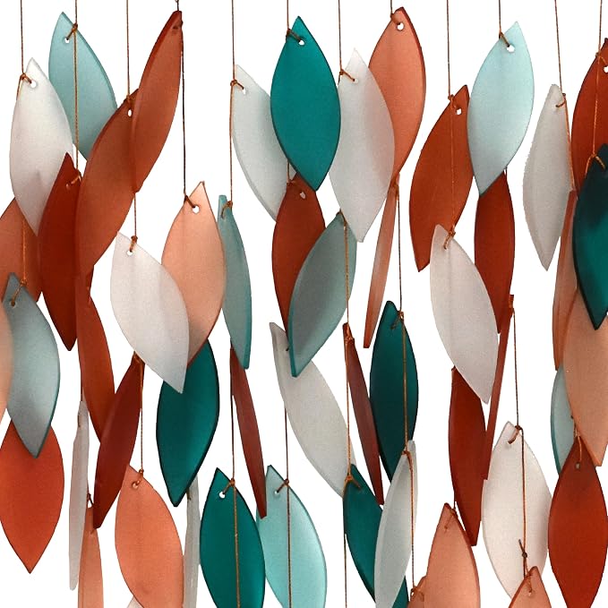 Blue Handworks Coral and Teal Deluxe Waterfall Glass Wind Chime | Handcrafted Deluxe Waterfall Glass Wind Chime in Deep Forest Teal, Bright Aqua, Vivid Coral Orange and Soft Peach