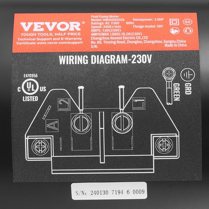 VEVOR 2 HP Pool Pump Motor, 3450 RPM High Speed, 230V (7.8 Amps), 50μF/250V Capacitor, 1.3 SF, CCW Rotation, 56Y Square Flange Replacement Motor for Swimming Pools, Spa Centers