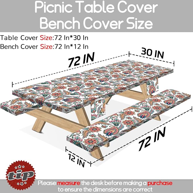 Fitted Waterproof Picnic Table Cover with Bench Covers Heavy Duty Elastic Outdoor Camping Tablecloth for 6 Foot Rectangle Tables Summer Rv Accessories Patio Garden Road Trip Essentials Gifts