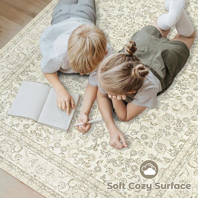 Area Rug 8x10 Washable Rug, Vintage Boho Medallion Rugs Non-Slip Soft Low Pile Large Distressed Rug Indoor Retro Carpet for Living Room Bedroom Dining Room Home Office (IvoryBeige, 8'x10')
