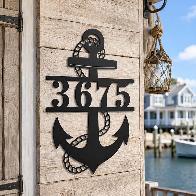 Personalized Anchor Address Sign Custom House Number Plaque Nautical Address Marker for Front Door Porch Patio Dock Beach House Lake House Coastal Outdoor Decor Gift