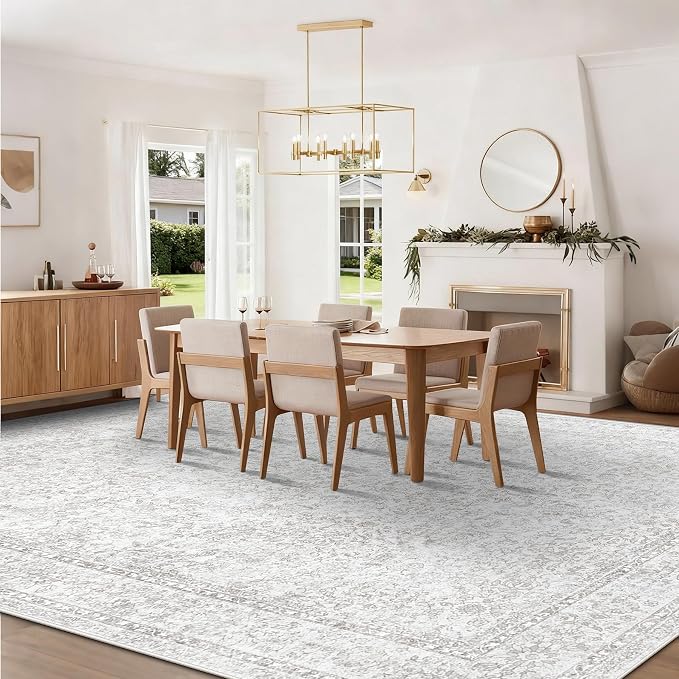 10x14 Area Rugs for Living Room: Washable Large Vintage Floral Rug Low Pile Non-Slip Boho Carpet for Bedroom Home Office Dining Room (FloralGrey, 10'x14')