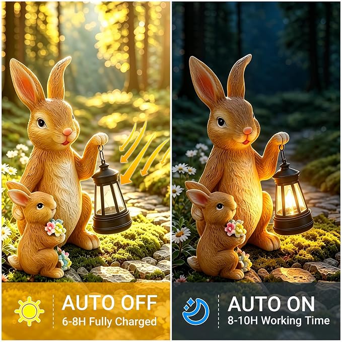 Solar Bunny Garden Statue with LED Lantern, Waterproof Resin Figurine | for Tabletop, Patio, Lawn & Easter Garden, Cute Outdoor Decor, Unique Housewarming & Birthday Gift for Women, Mom & Grandma