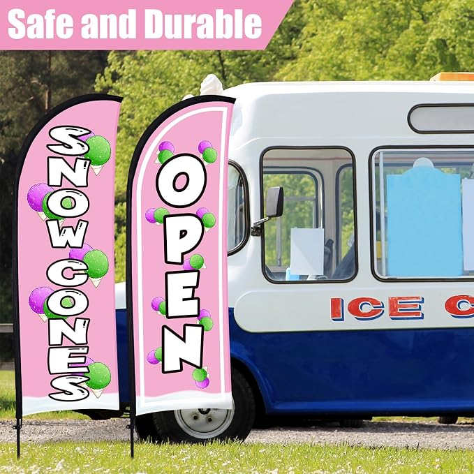 Buryeah 2 Sets Snow Cones Open Feather Flag for Business Advertising 8 ft Feather Flag Sign with Flagpole Ground Stake Portable Bag Snow Cones Banner with Rope for Outside Garden Park Party (Pink)