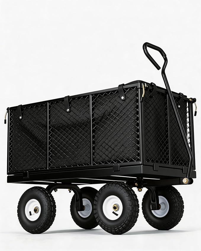 GarveeTech 800LBS Heavy Duty Steel Garden Cart, Garden Wagon Cart on Wheels, Metal Yard Utility Wagon with Removable Mesh Sides, 10" All Terrain Tires, 180° Rotating Handle for Lawn, Garden, Farm