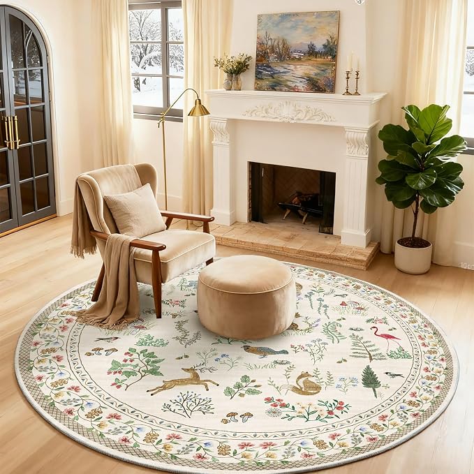 Washable Round Rugs for Bedroom 4ft: Living Room Rug Stain Resistant Non Slip Low Pile Ultra Soft Faux Wool Small Circle Rugs for Entryway Kitchen Nursery Bathroom Entrance Dorm Home Office Indoor