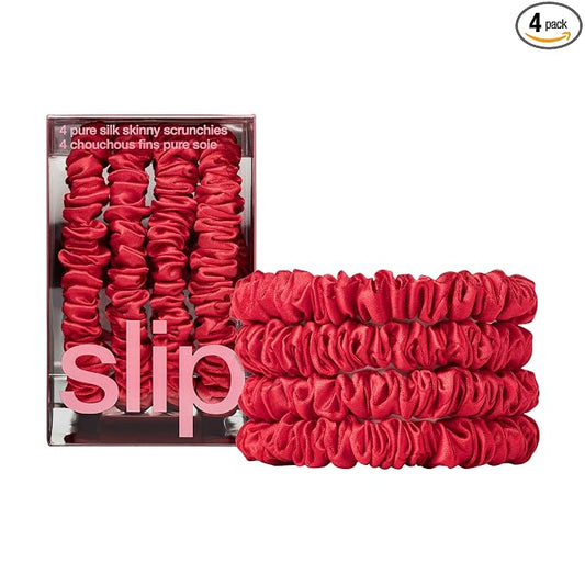 Slip Silk Hair Ties — Skinny Silk Red Scrunchies, No Damage, No Crease, Anti-Breakage |100% Mulberry Silk | All Hair Types | Made with Proprietary Slipsilk™ | Set of 4