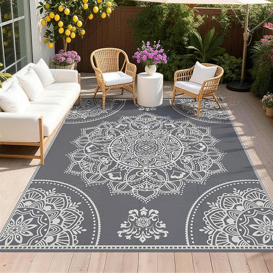 Pauwer Waterproof Outdoor Rug 8x10, Reversible Plastic Straw Patio Camping Rug, Indoor Outdoor RV Mat Carpet for Deck, Camper, Porch, Balcony, Backyard, Picnic, Floral Grey