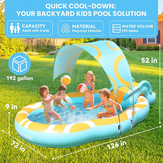 Inflatable Toddler Pool with Slide & Canopy, Backyard Kiddie Pool for Kids | Large Size 126"*72"*52", Thickened Durable, Soft Buffer Pad